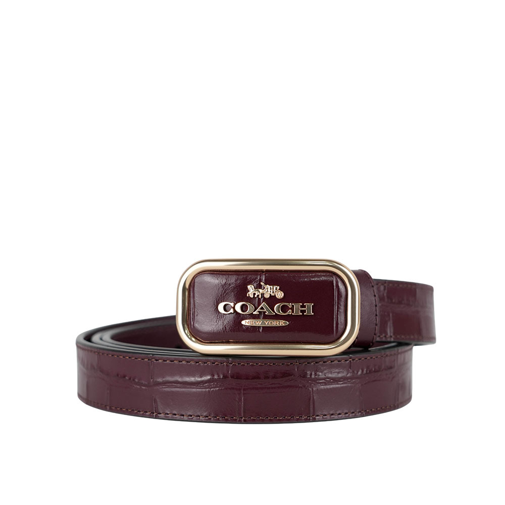 【COACH】Morgan 方形馬車標誌鱷魚紋皮革寬2.5cm皮帶(酒紅色)