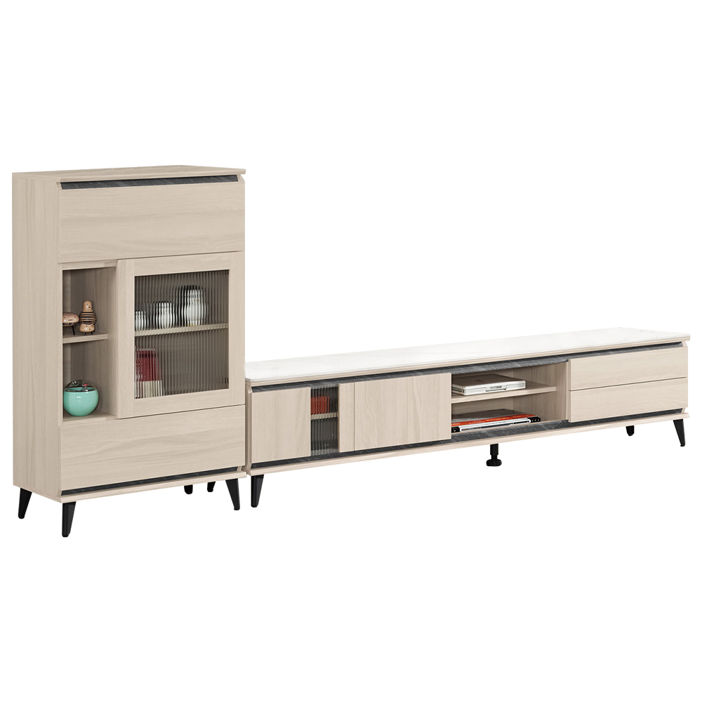 珊卓9尺長虹玻璃L型電視櫃組合(2.3尺展示櫃+6.7尺岩板長櫃)