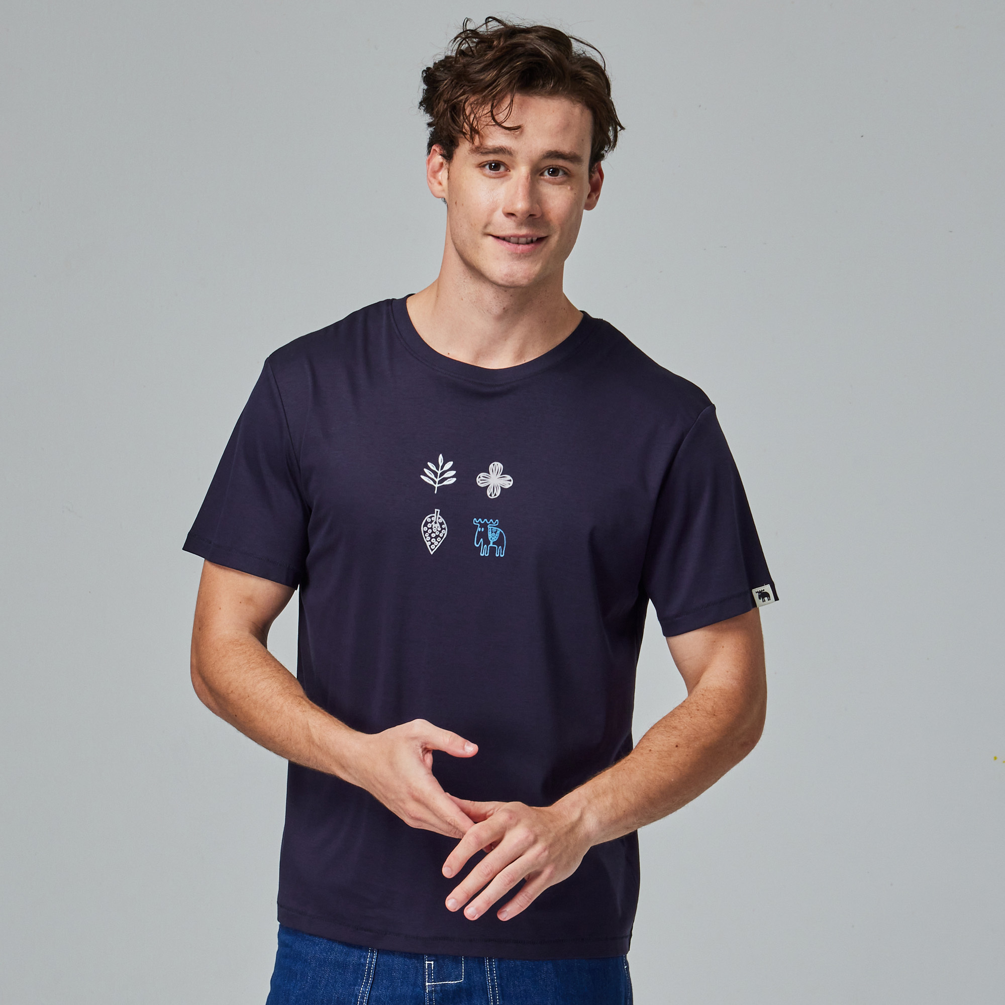 moz Swedish flocked forest moose glacier cotton 100% cotton cool stretch T-shirt-navy blue (Asian version)
