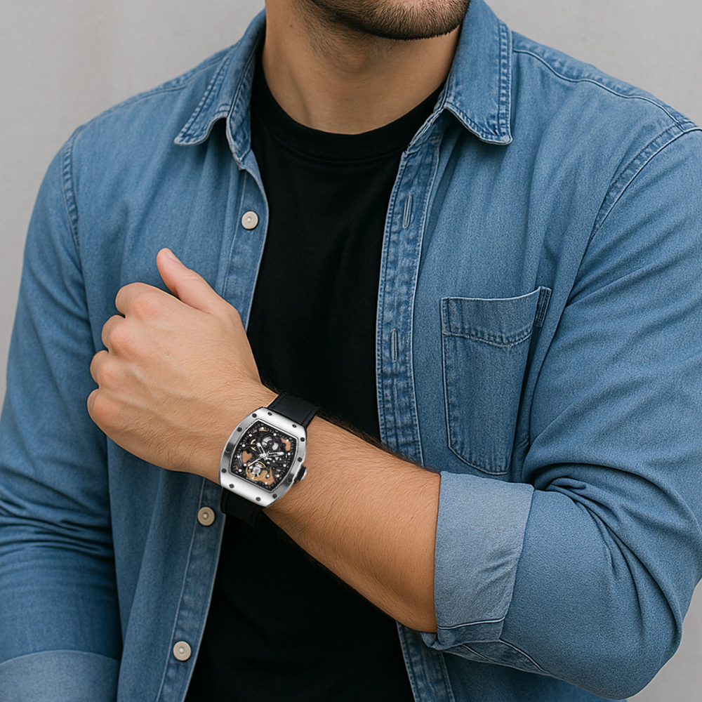 【Free Focus】JC-9-190G-12 酒桶款 潮流 雙面鏤空 夜光指針刻度 機械 手錶