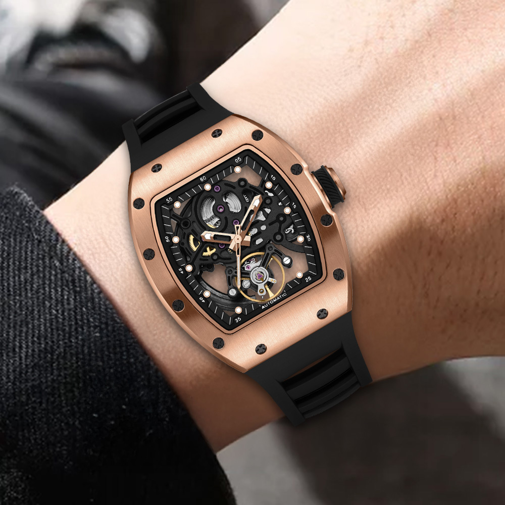 【Free Focus】JC-9-190G-12 酒桶款 潮流 雙面鏤空 夜光指針刻度 機械 手錶