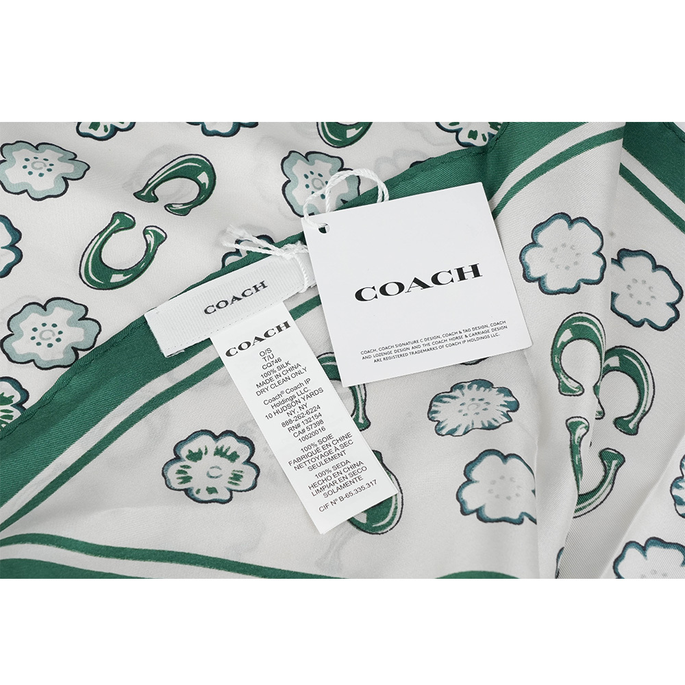 【COACH】C Logo 及茶玫瑰圖案菱形絲巾/髮飾(白色/藤綠色)CQ746 IVY