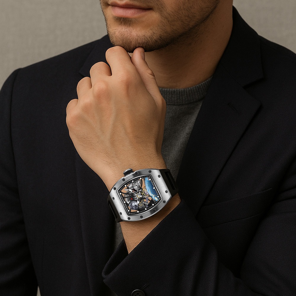 【Free Focus】JC-9-190G-14 酒桶款 太空宇宙設計 雙面鏤空 夜光指針刻度錶盤 機械 手錶