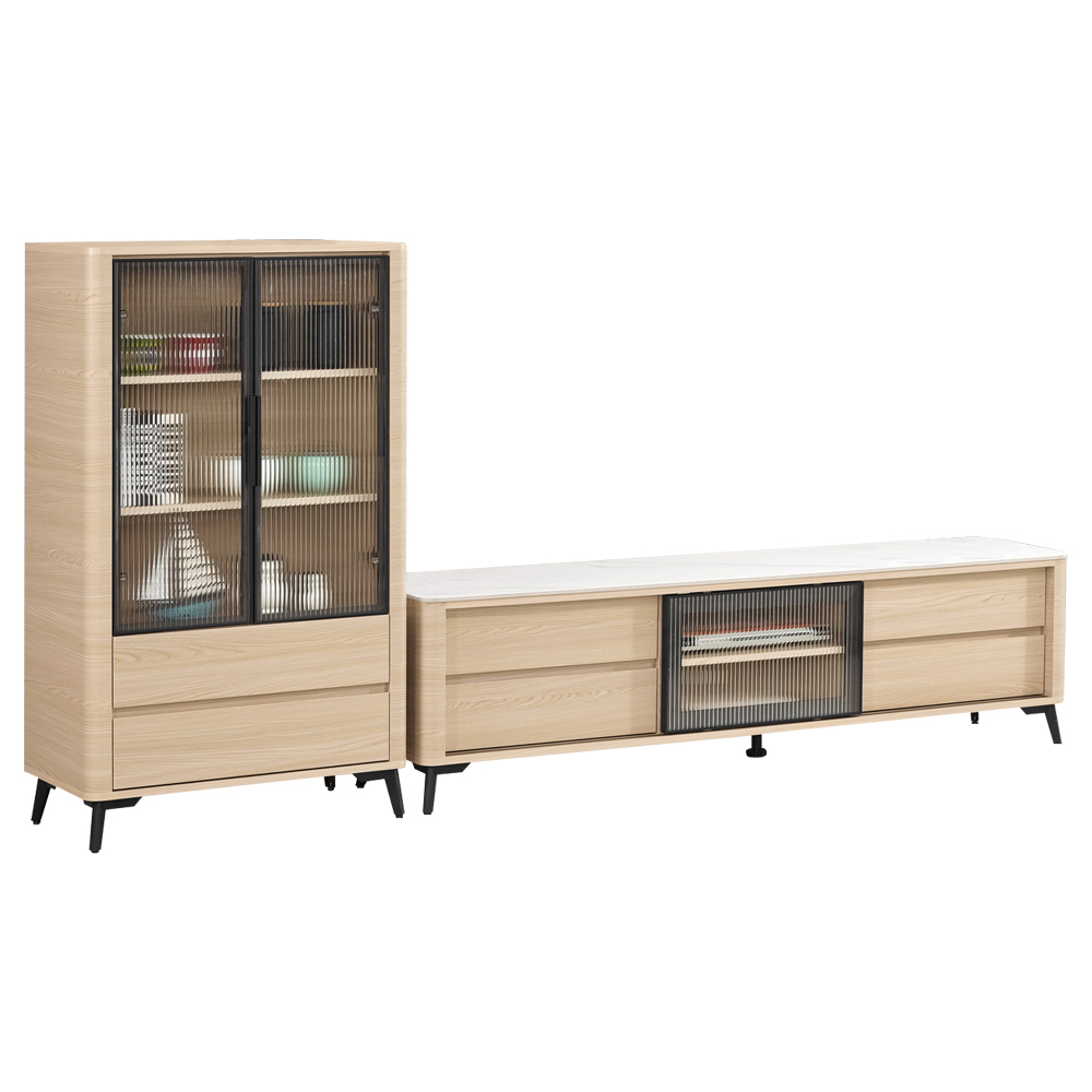 恩洛8.5尺長虹玻璃L型電視櫃組合(2.5尺展示櫃+6尺岩板長櫃)