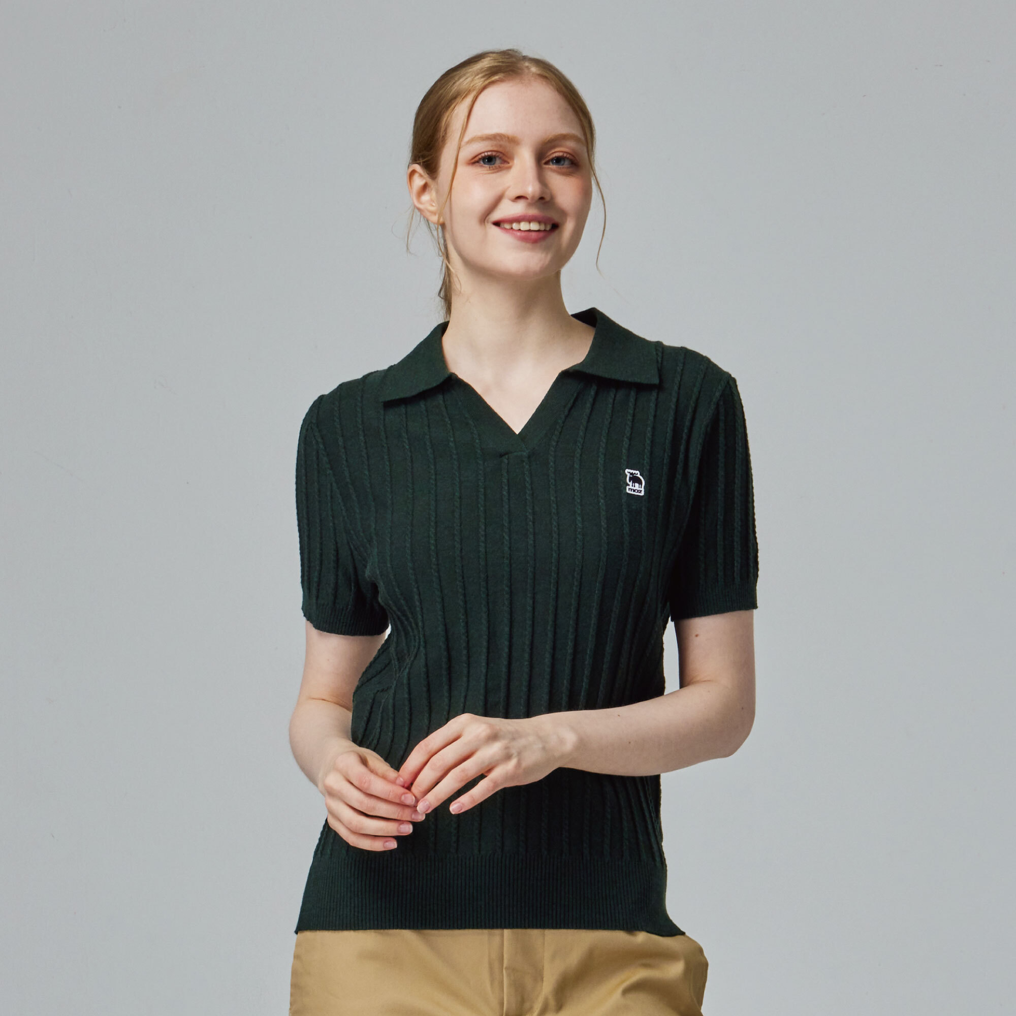 moz瑞典 駝鹿 親膚 POLO領 針織短T-深軍綠(亞洲版)女款