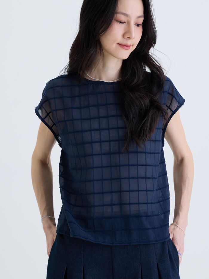 格境之間肩連袖上衣- 靛光藍