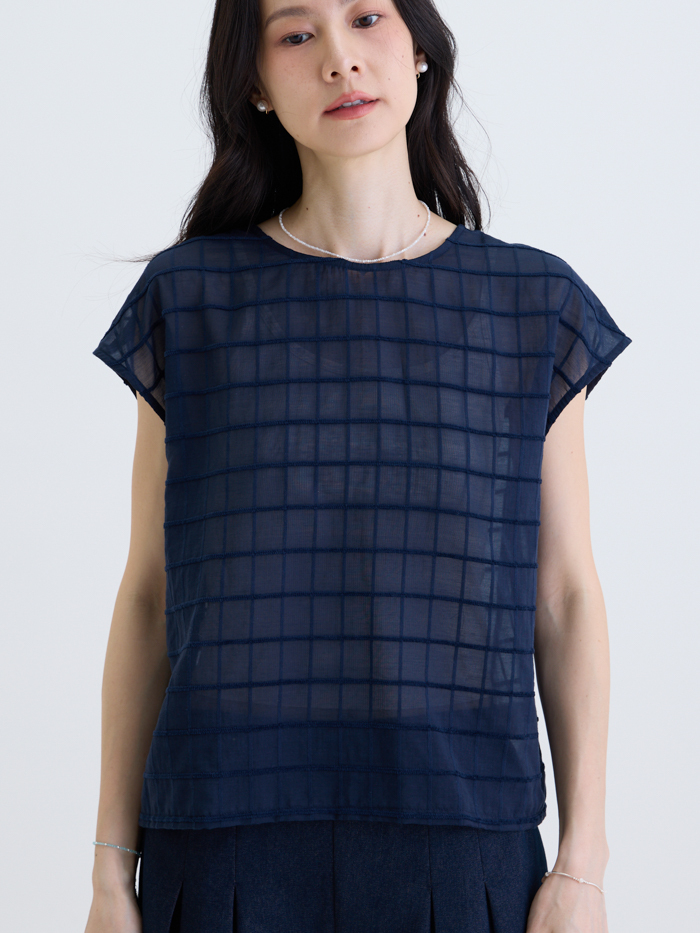 格境之間肩連袖上衣- 靛光藍