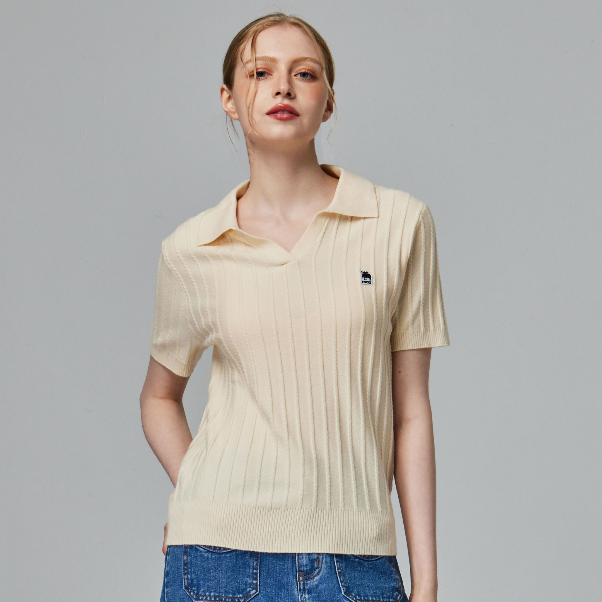 moz瑞典 駝鹿 親膚 POLO領 針織短T-奶油白(亞洲版)女款