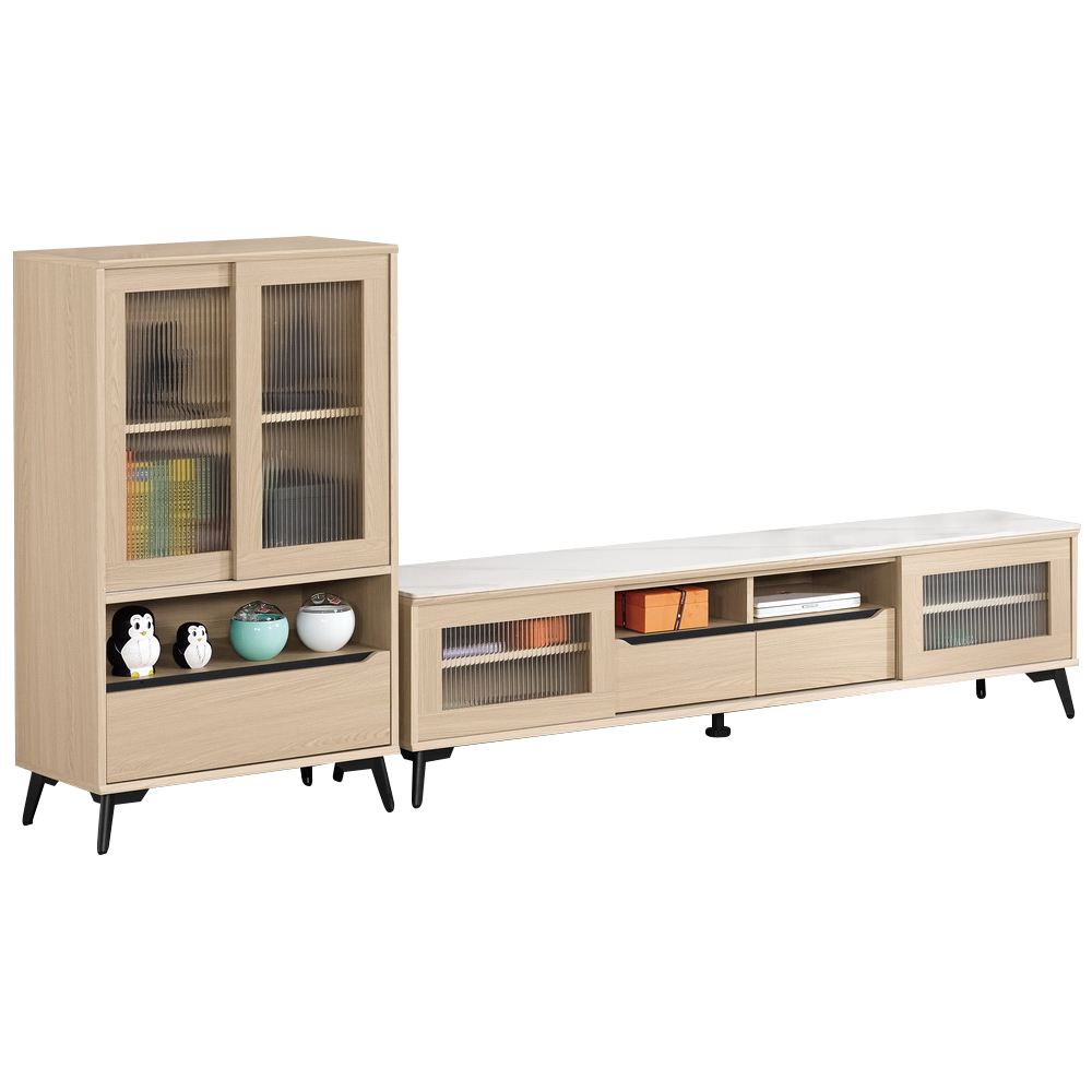 艾瑪8.3尺長虹玻璃L型電視櫃組合(2.3尺展示櫃+6尺岩板長櫃)