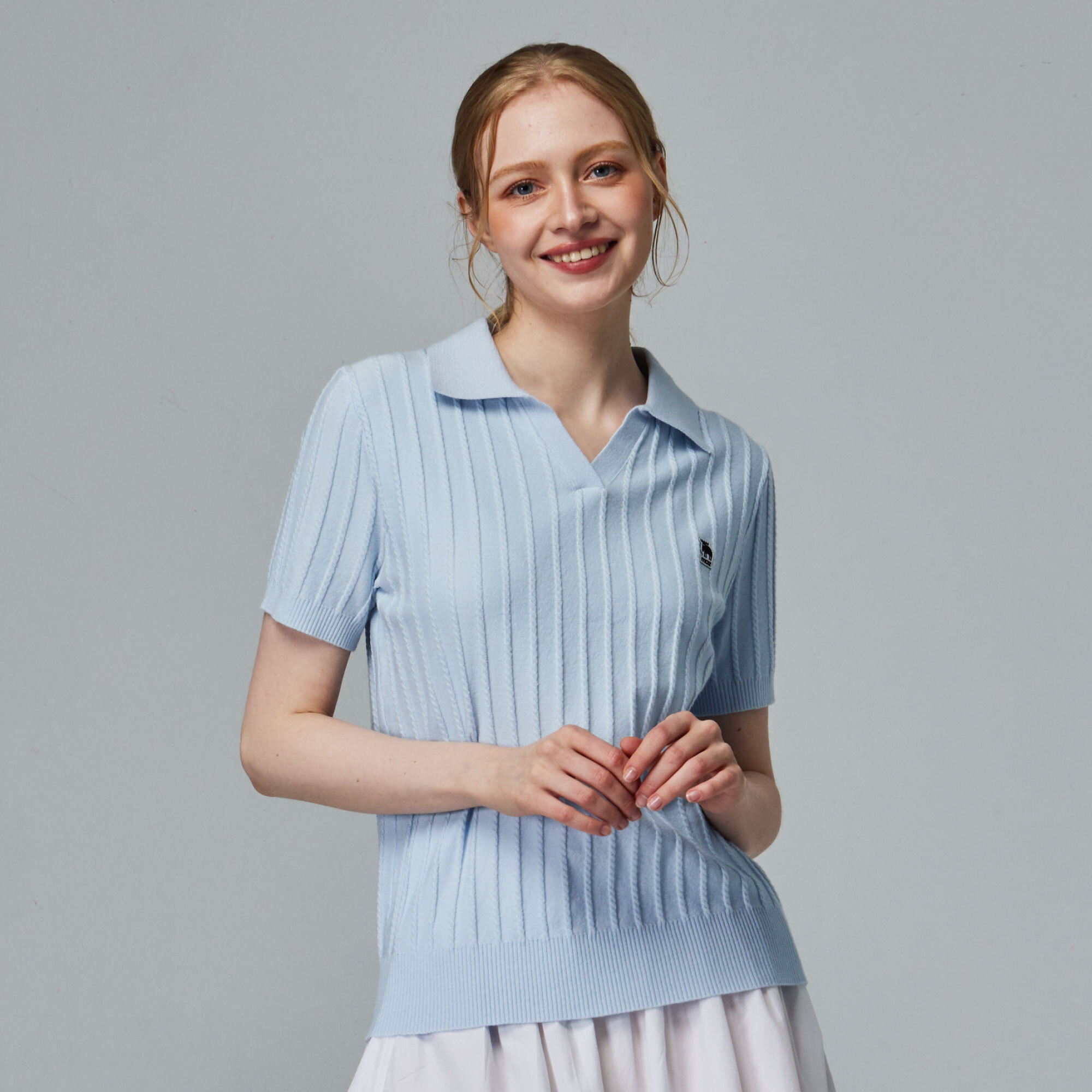 moz瑞典 駝鹿 親膚 POLO領 針織短T-水藍(亞洲版)女款