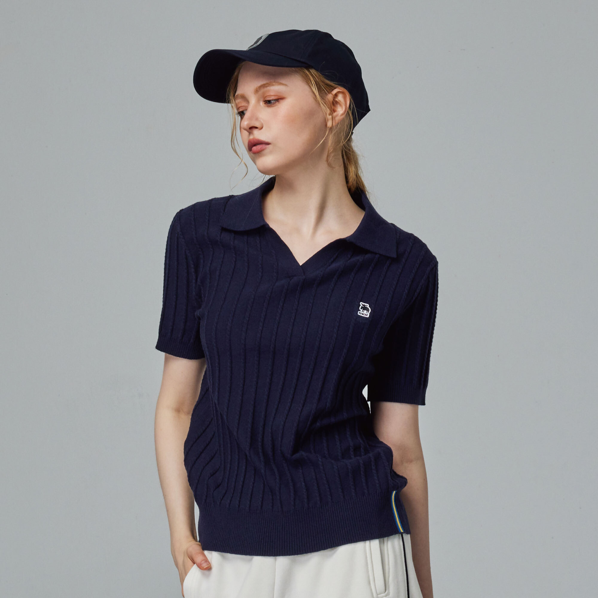 moz瑞典 駝鹿 親膚 POLO領 針織短T-藏青(亞洲版)女款