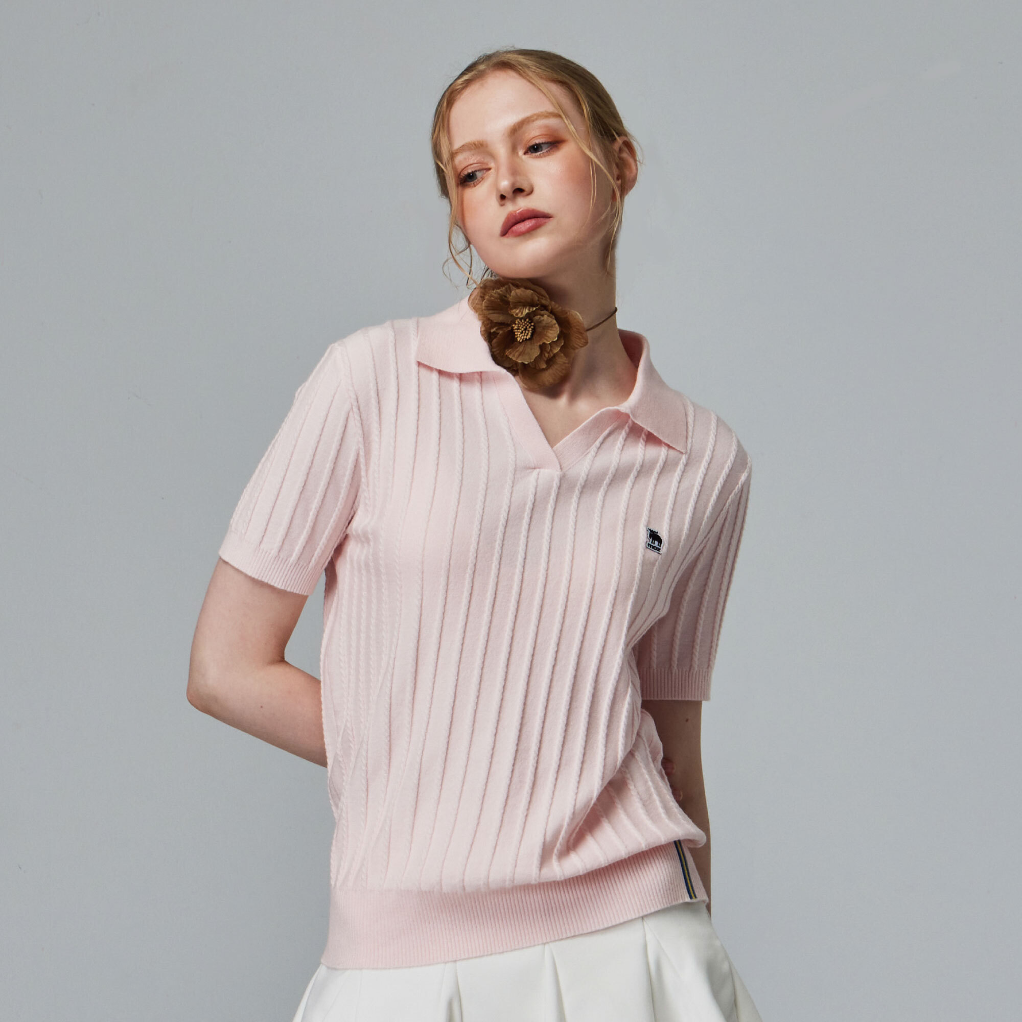 moz瑞典 駝鹿 親膚 POLO領 針織短T-嫩粉(亞洲版)女款