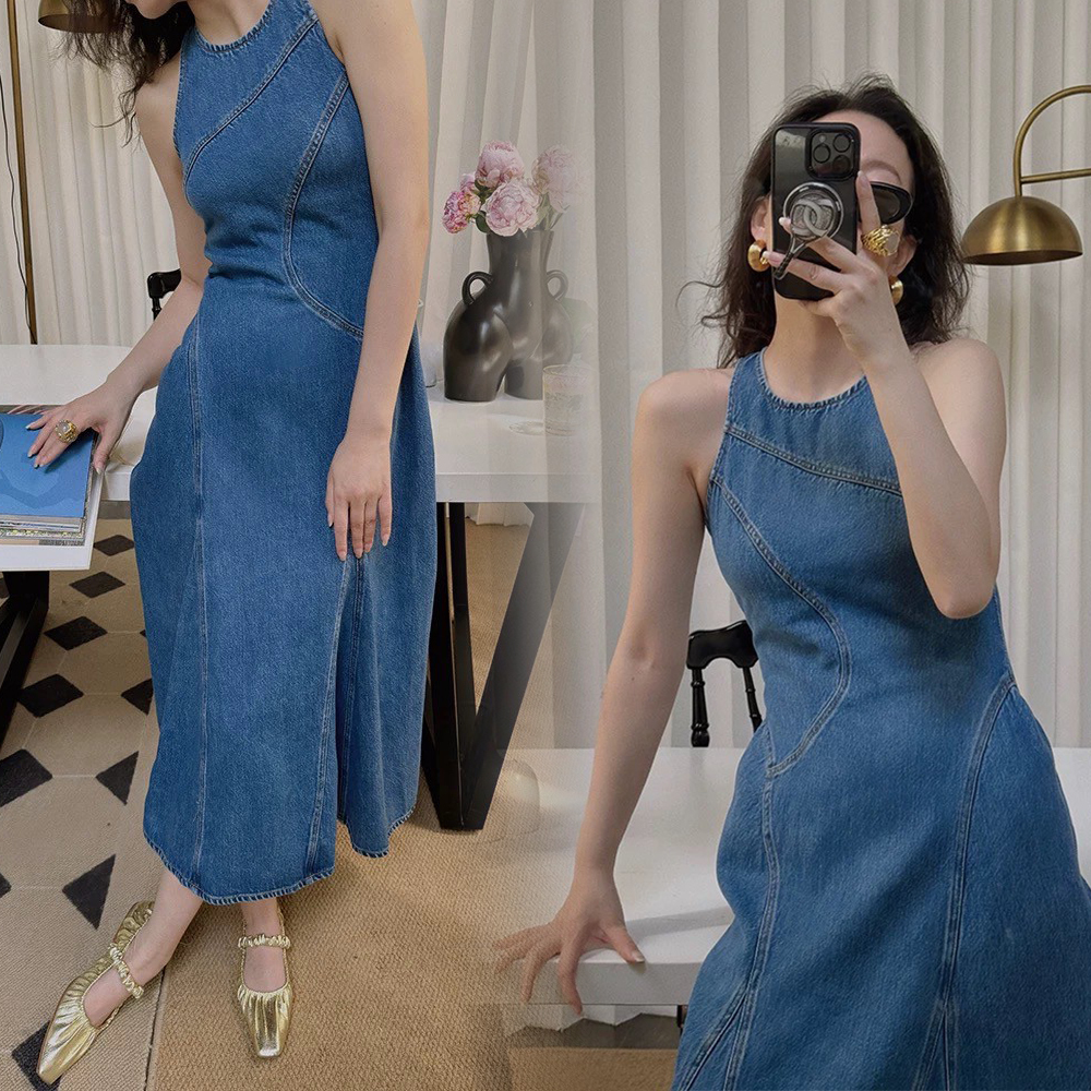 復古簡約後拉鍊削肩圓領牛仔長洋裝XS-L (Elegant & Love)