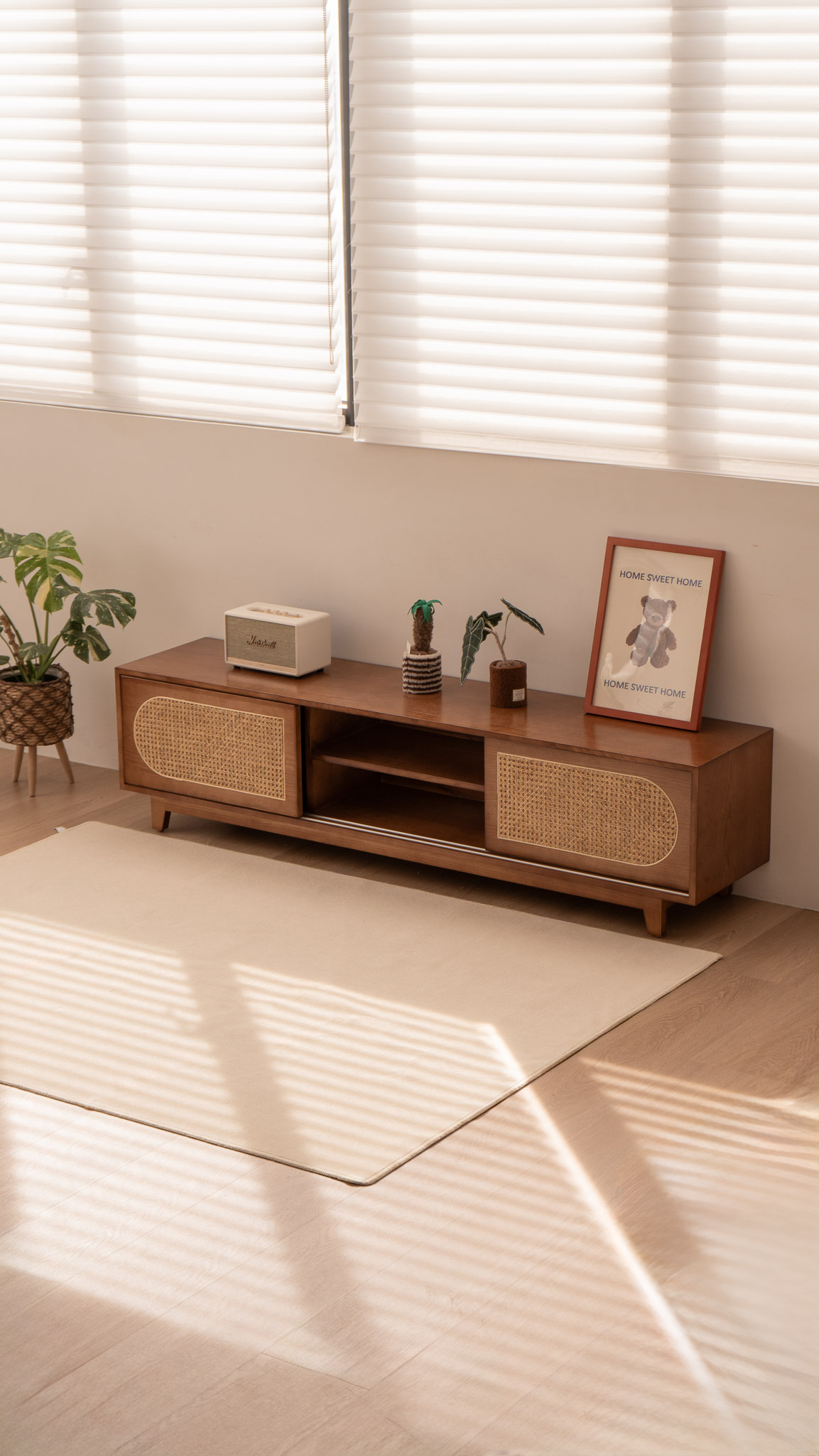 實木藤編電視儲物矮櫃