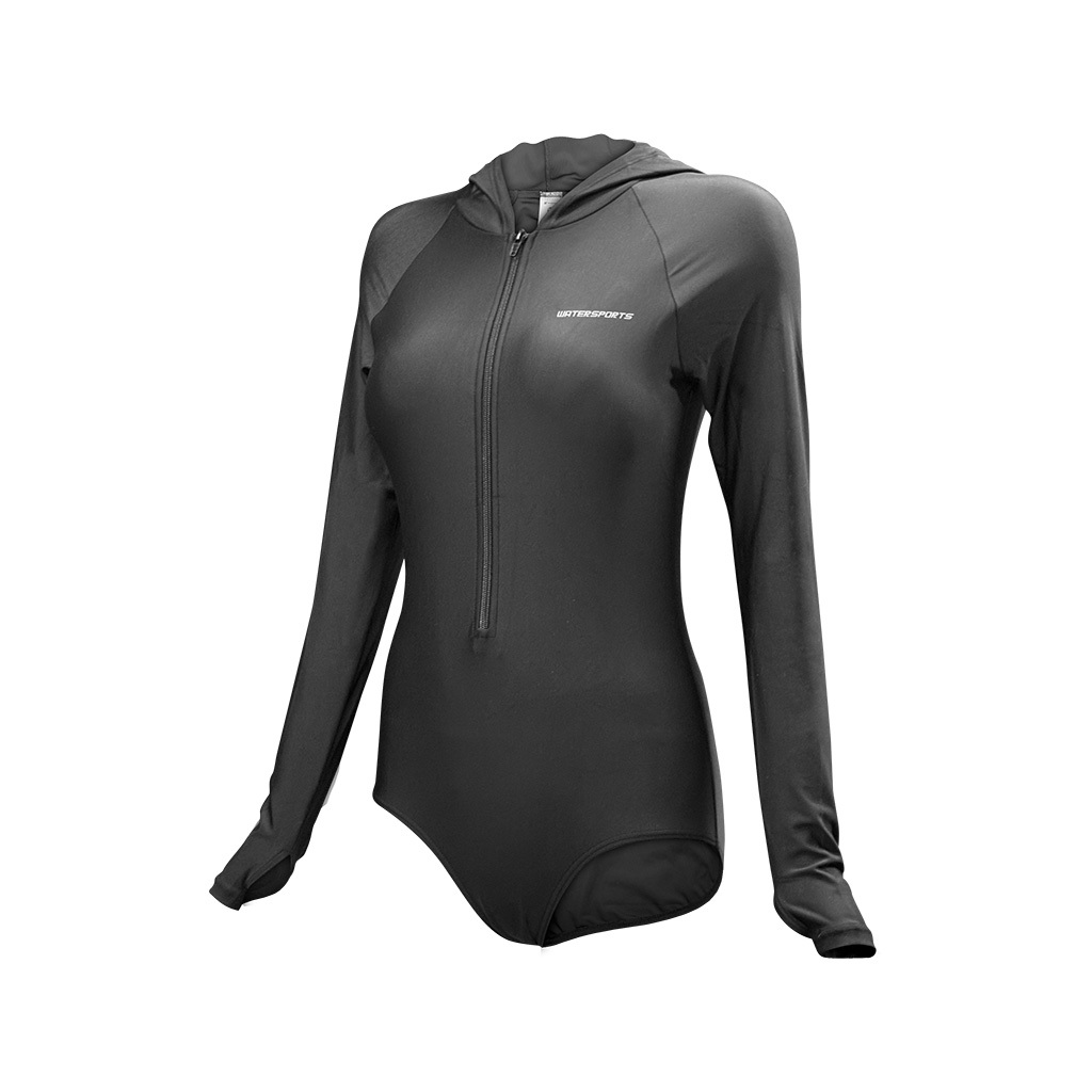 女士簡約前拉鍊長袖連帽連體泳衣 - 黑