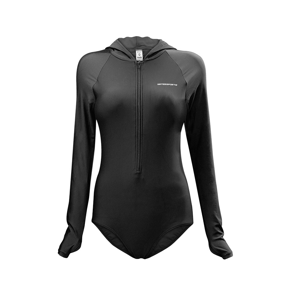 女士簡約前拉鍊長袖連帽連體泳衣 - 黑