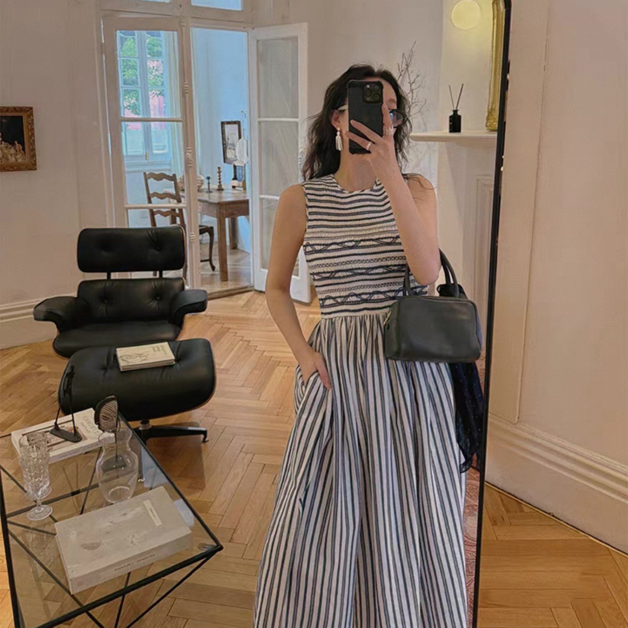 波西米亞條紋配色圓領收腰長洋裝XS-L (Elegant & Love)