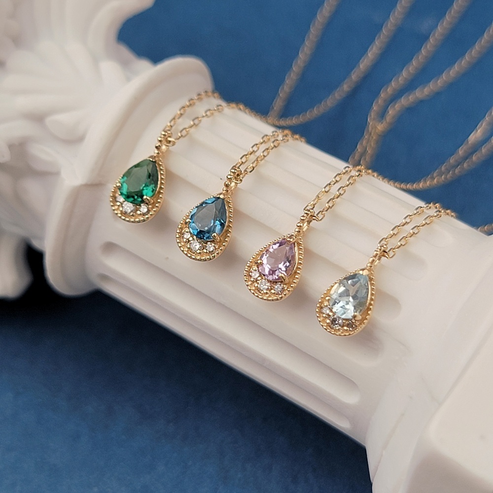 【me.luxe】K10水滴1分鑽鍊-海藍寶/倫敦藍拓帕/綠石英/玫瑰紫晶