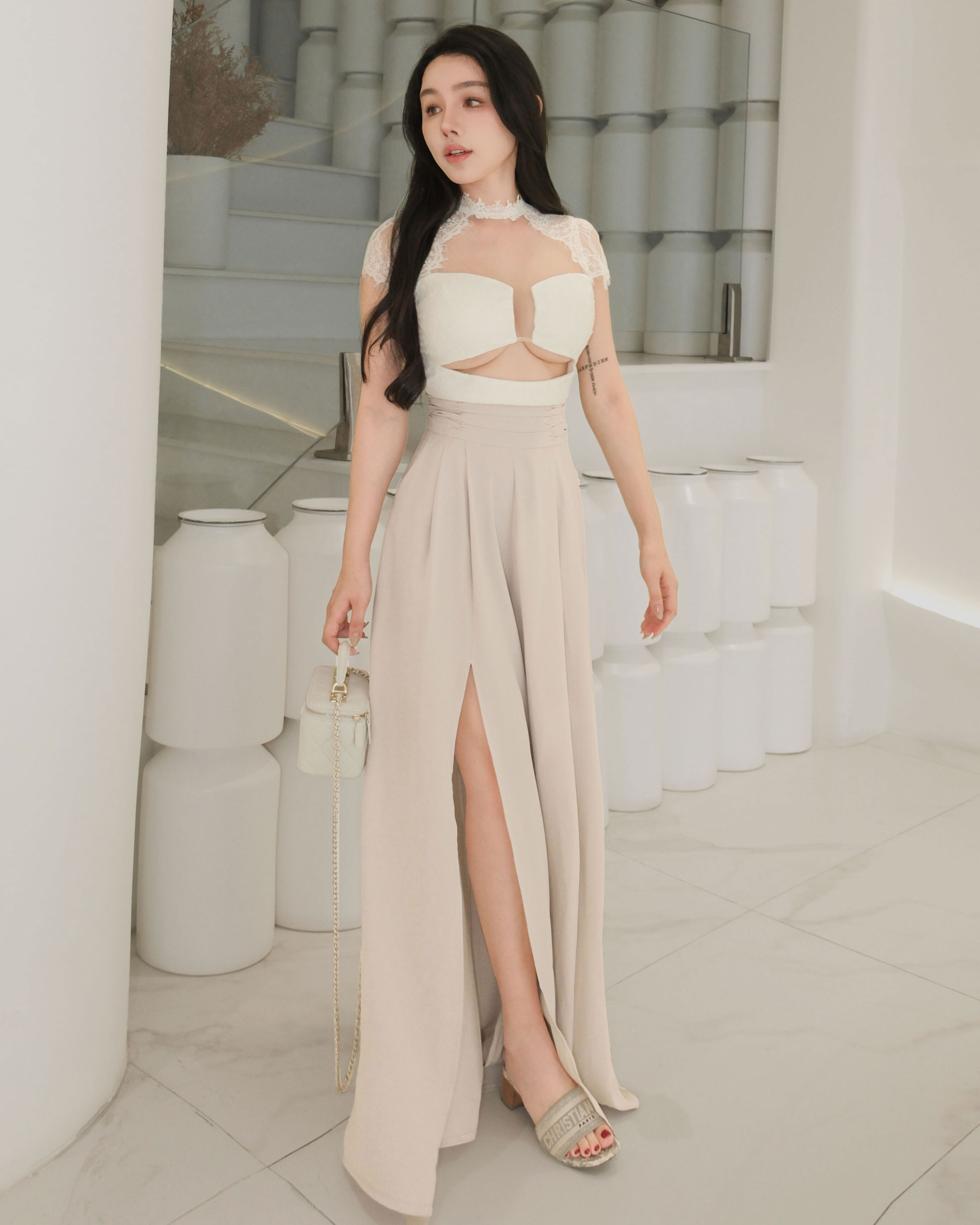 訂製-雪紡抓皺高腰開叉寬褲