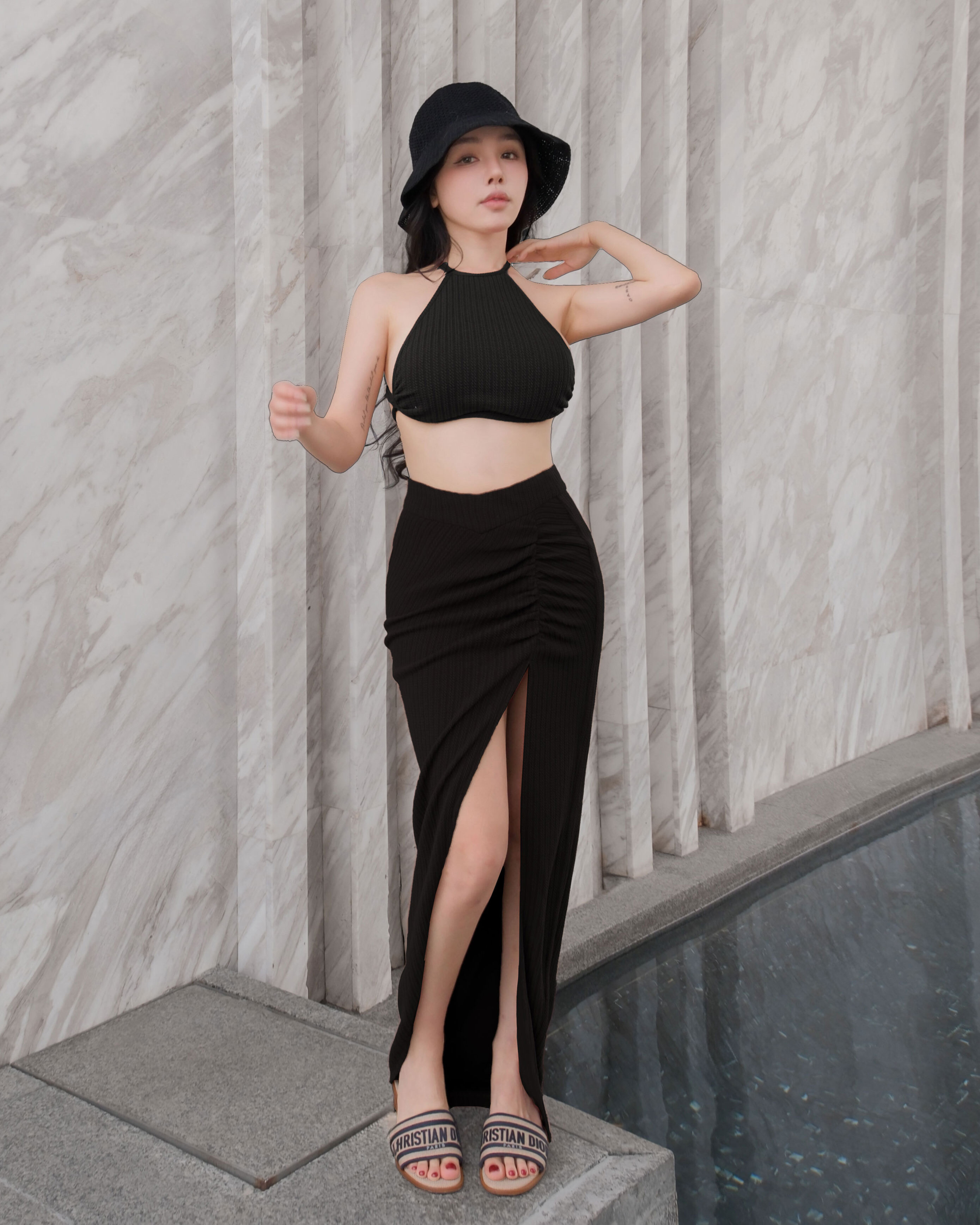 訂製-渡假麻花織紋削肩露背套裝