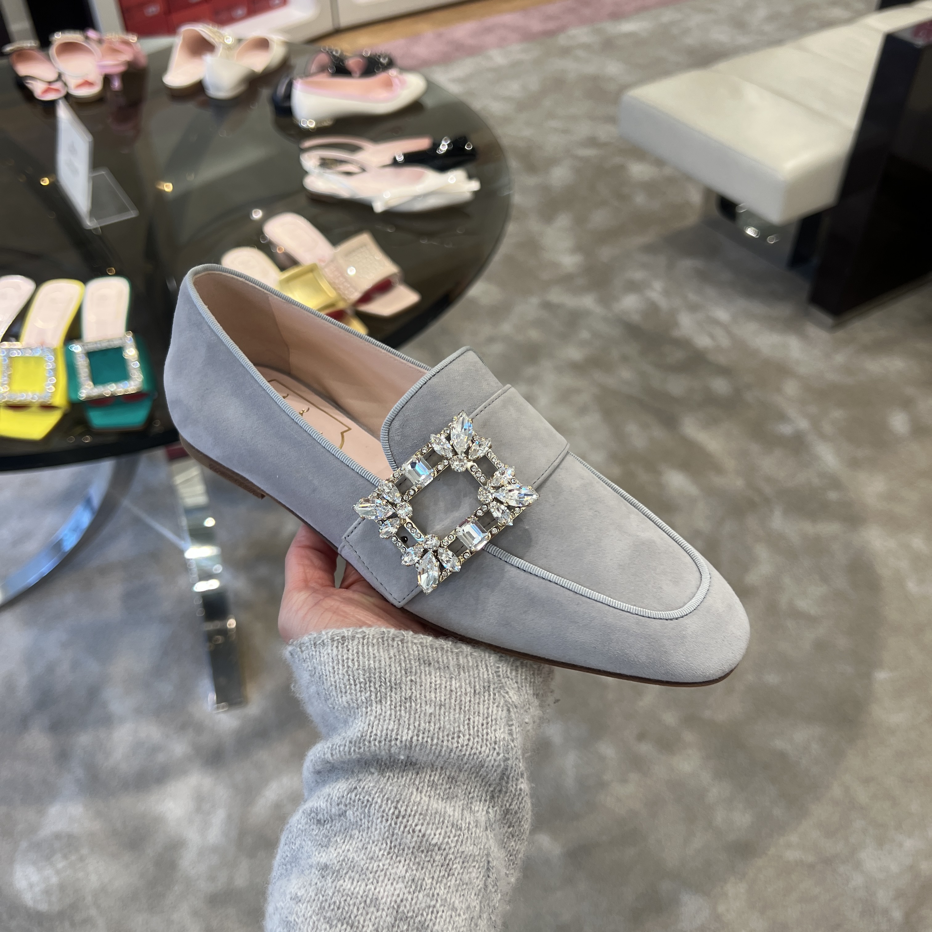 Roger Vivier RV Mini Broche Buckle soft suede Loafer grey