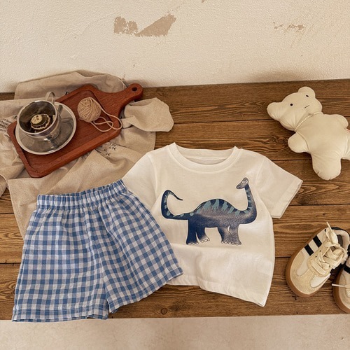 25S/S THE LITTLE MARKET 恐龍繽紛格子短袖上下套裝