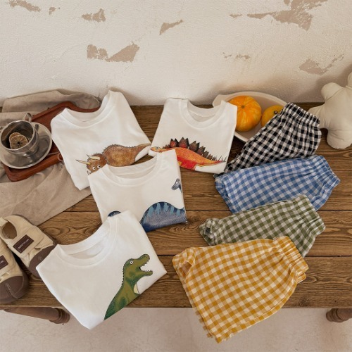 25S/S THE LITTLE MARKET 恐龍繽紛格子短袖上下套裝