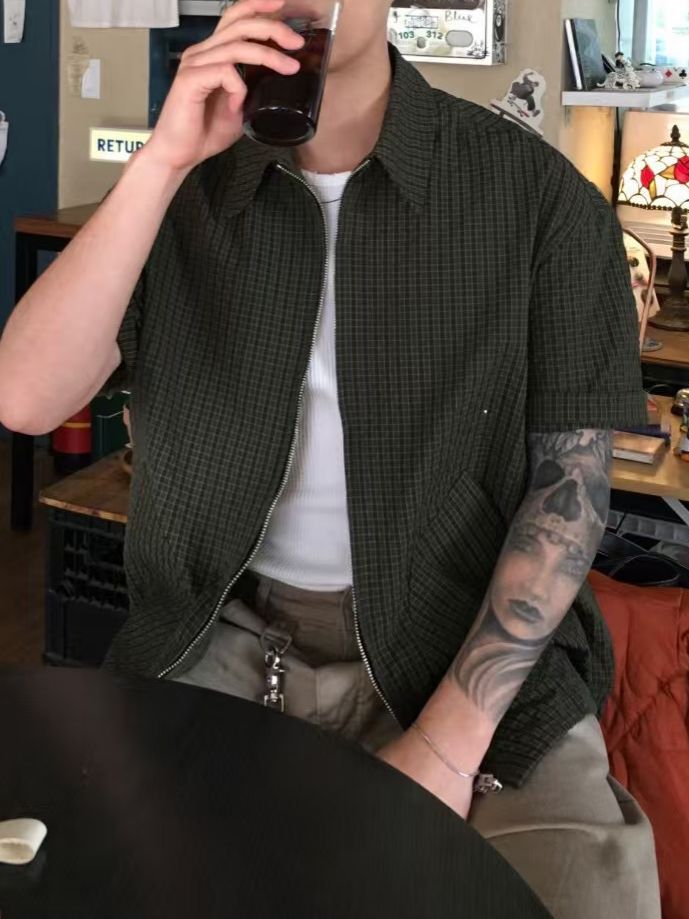 格仔拉鍊短袖恤衫 REMAIN-002S