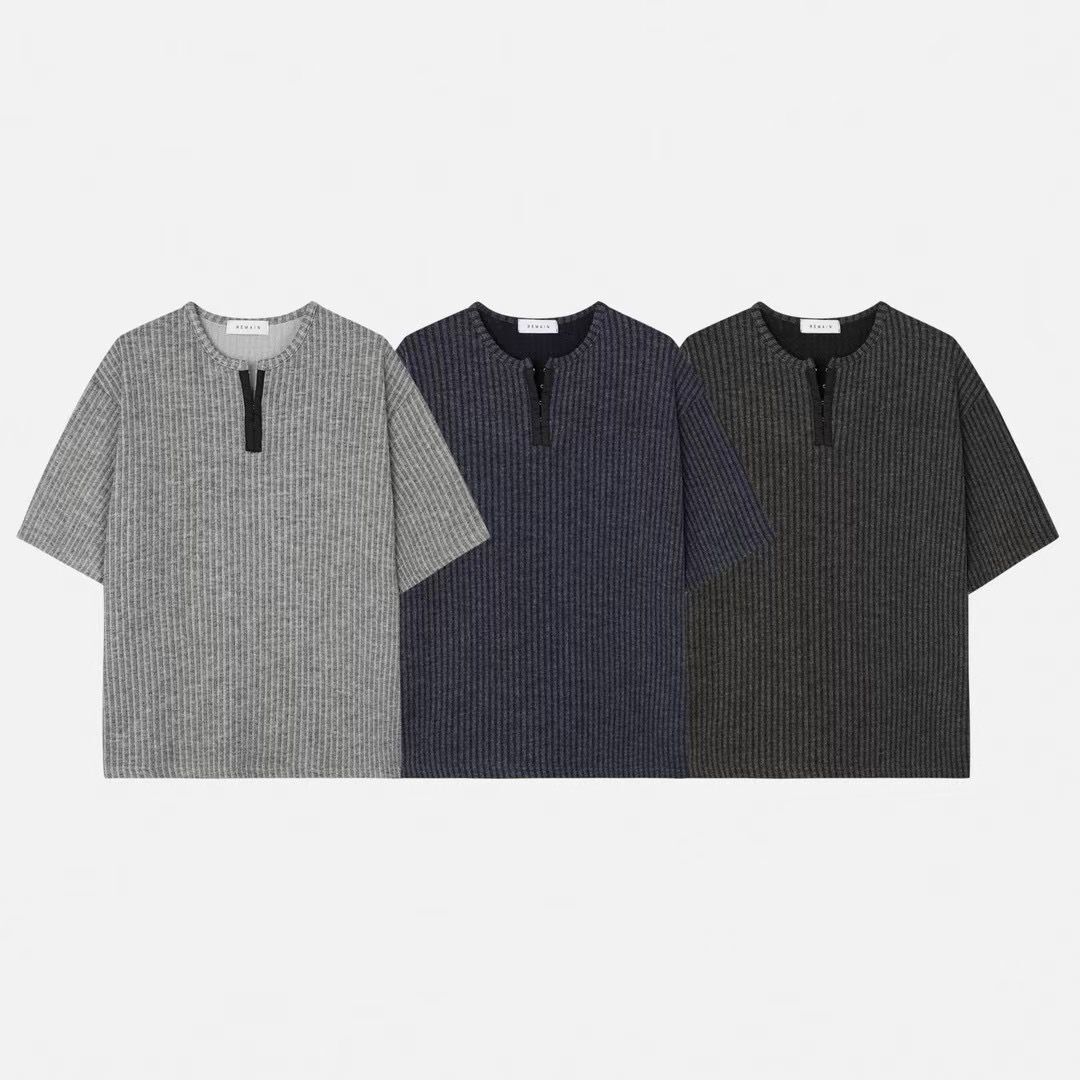 淨色暗直紋半開胸短袖Tee REMAIN-010T