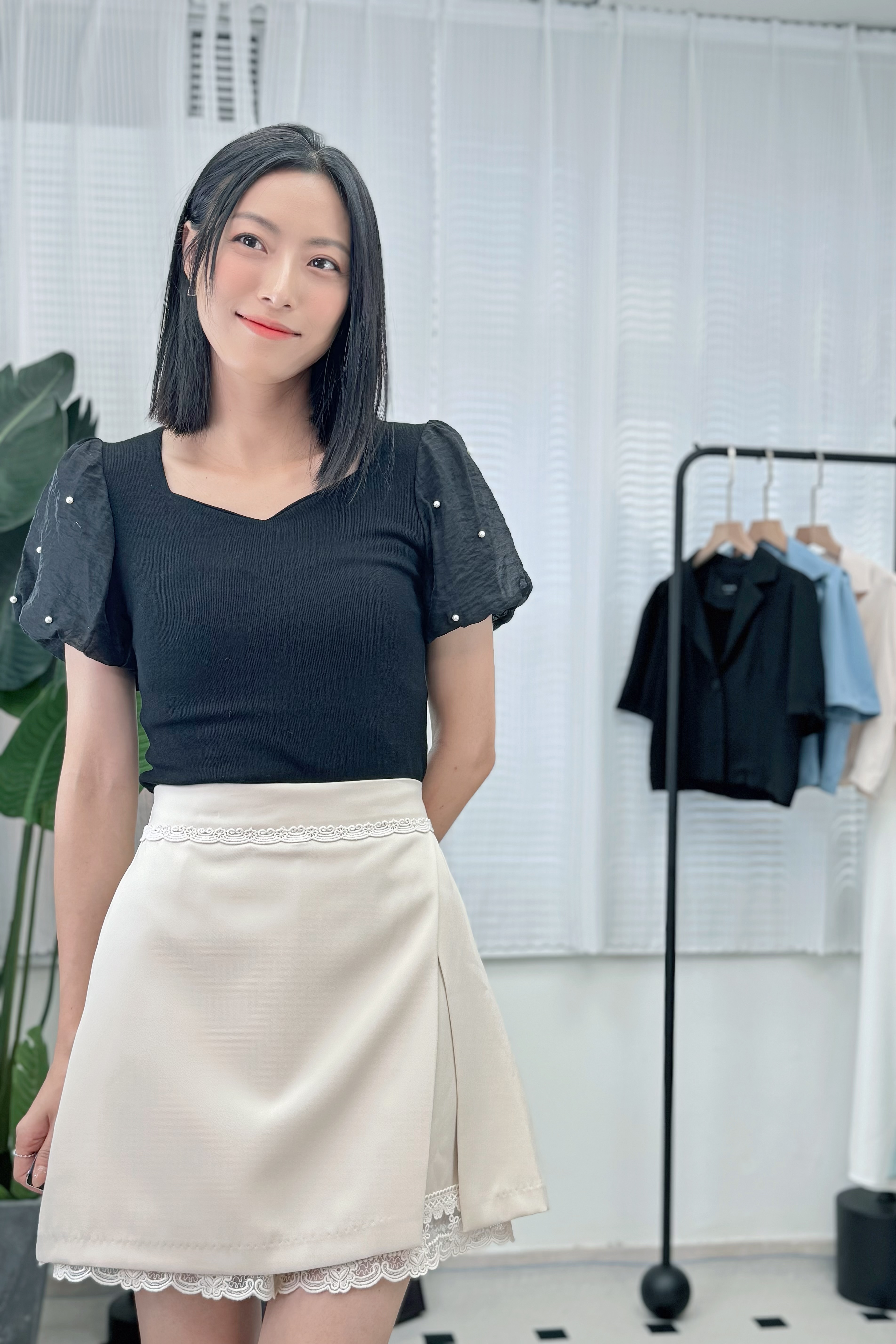 TOP#7270 🤍珍珠氣泡袖上衣