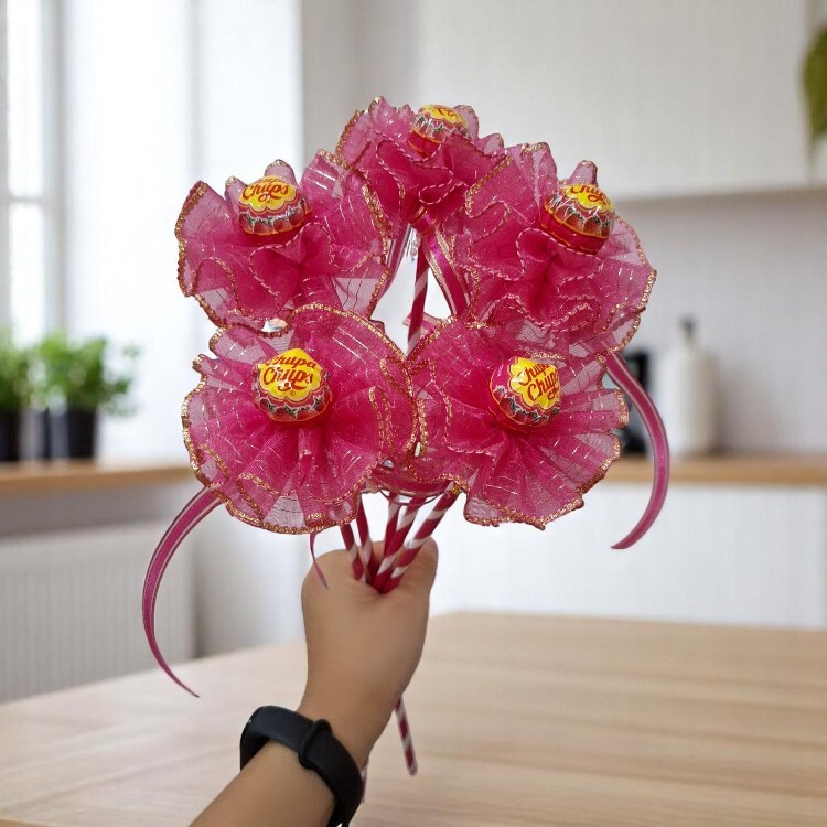 桃紅色加倍佳棒棒糖Chupa Chups 單支花束,棒棒糖花束