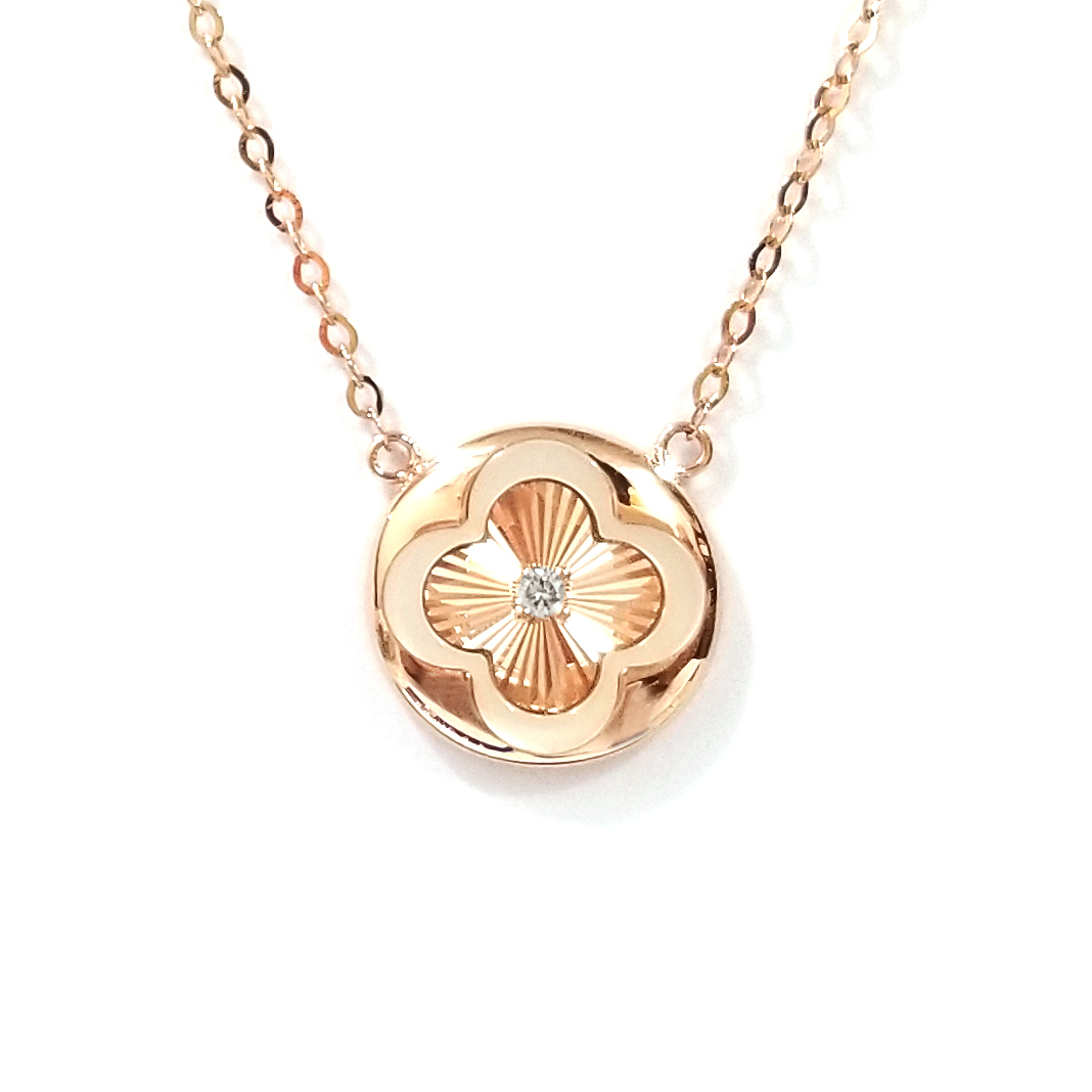 18K玫瑰金天然鑽石幻彩四葉草白貝頸鏈