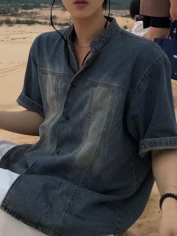 洗水企領牛仔短袖恤衫 REMAIN-012S