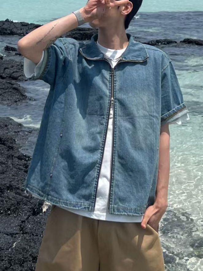 洗水牛仔拉鍊短袖恤衫 REMAIN-014S