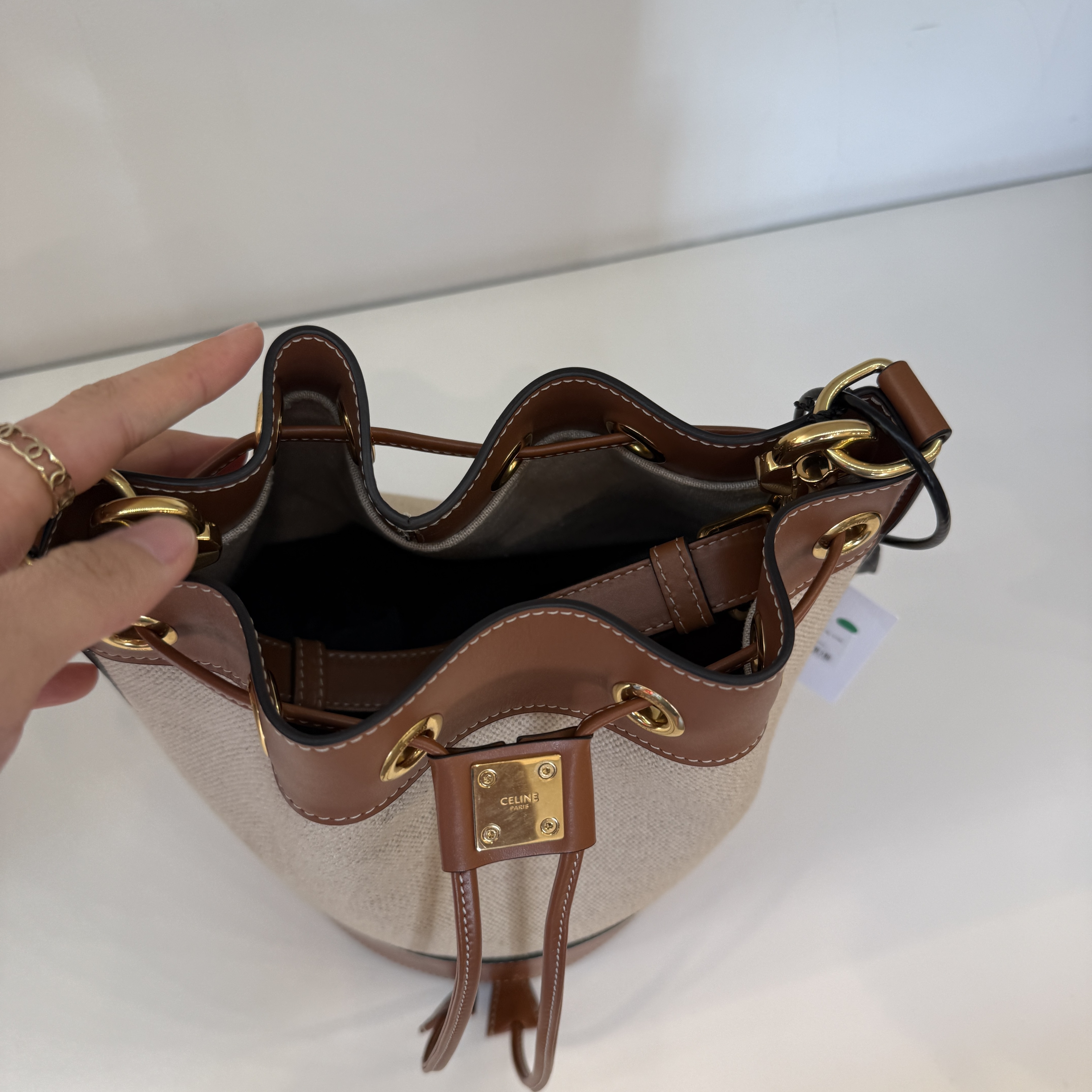 Celine bag Small drawstring cabas marin bucket Bag in Tan / White