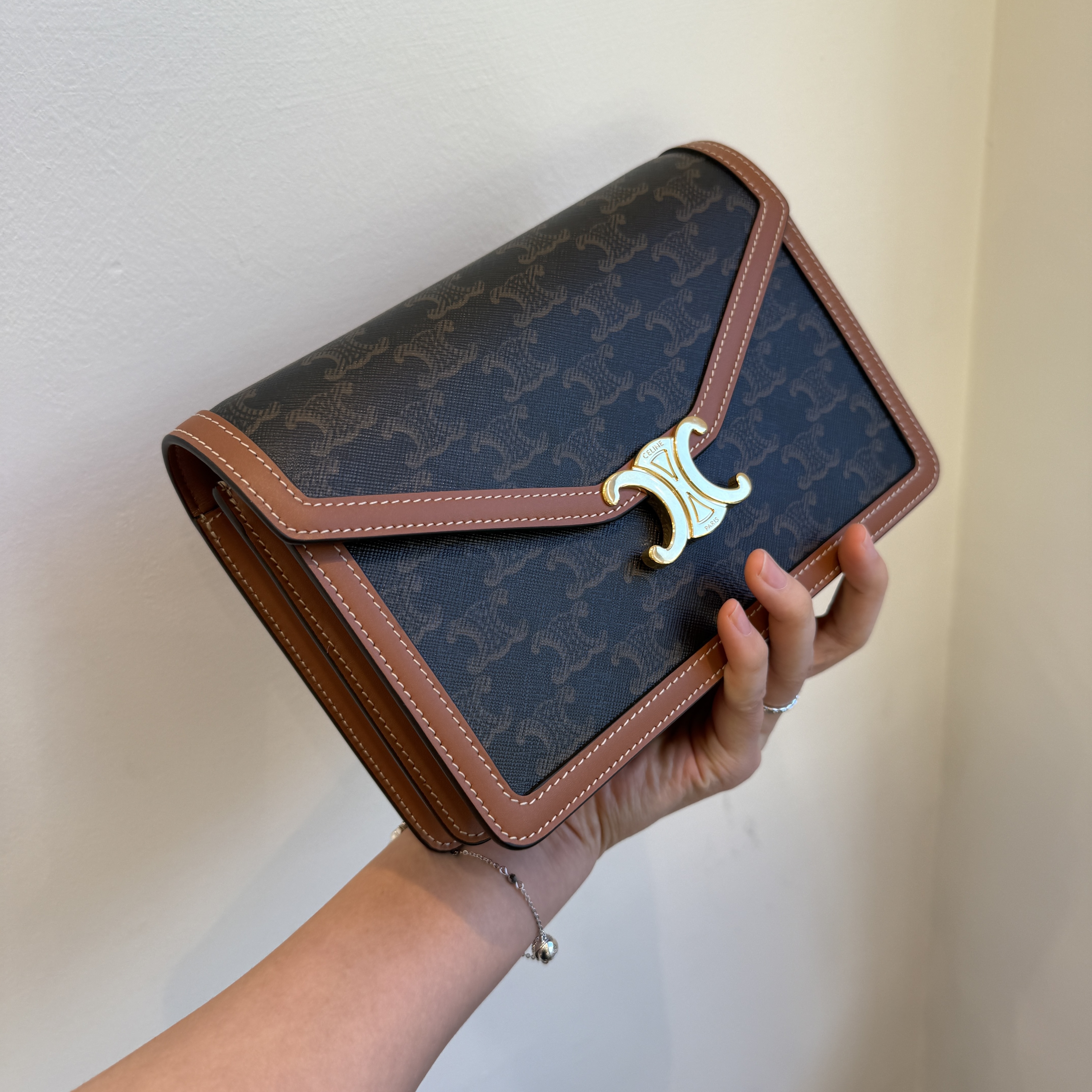 Celine bag Triomphe Canvas & Calfskin crossbody Bag in Tan / Grege