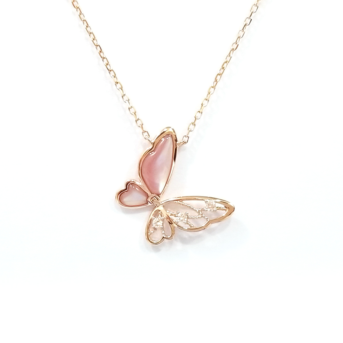 18K玫瑰金天然鑽石粉貝蝴蝶頸鏈