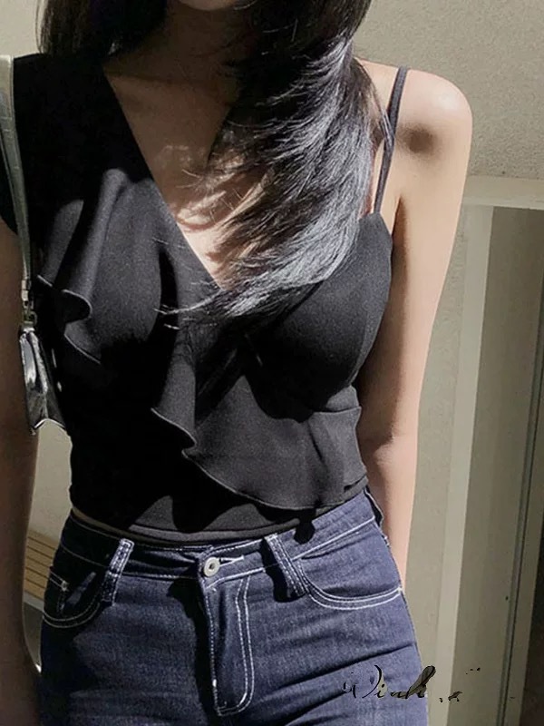 單肩荷葉細肩帶上衣