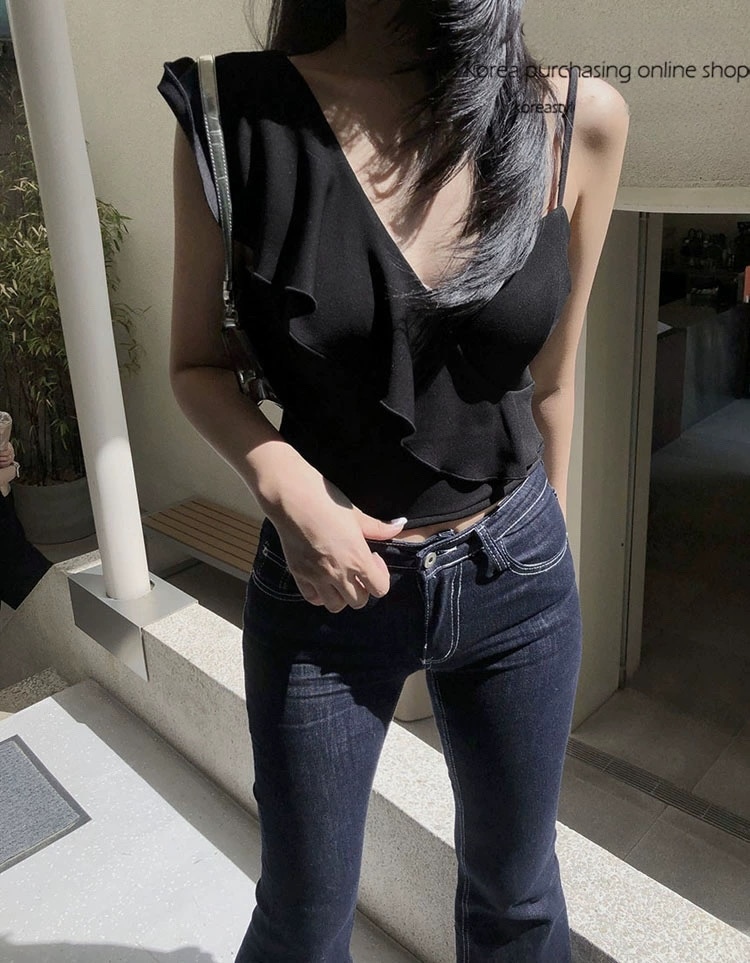 單肩荷葉細肩帶上衣