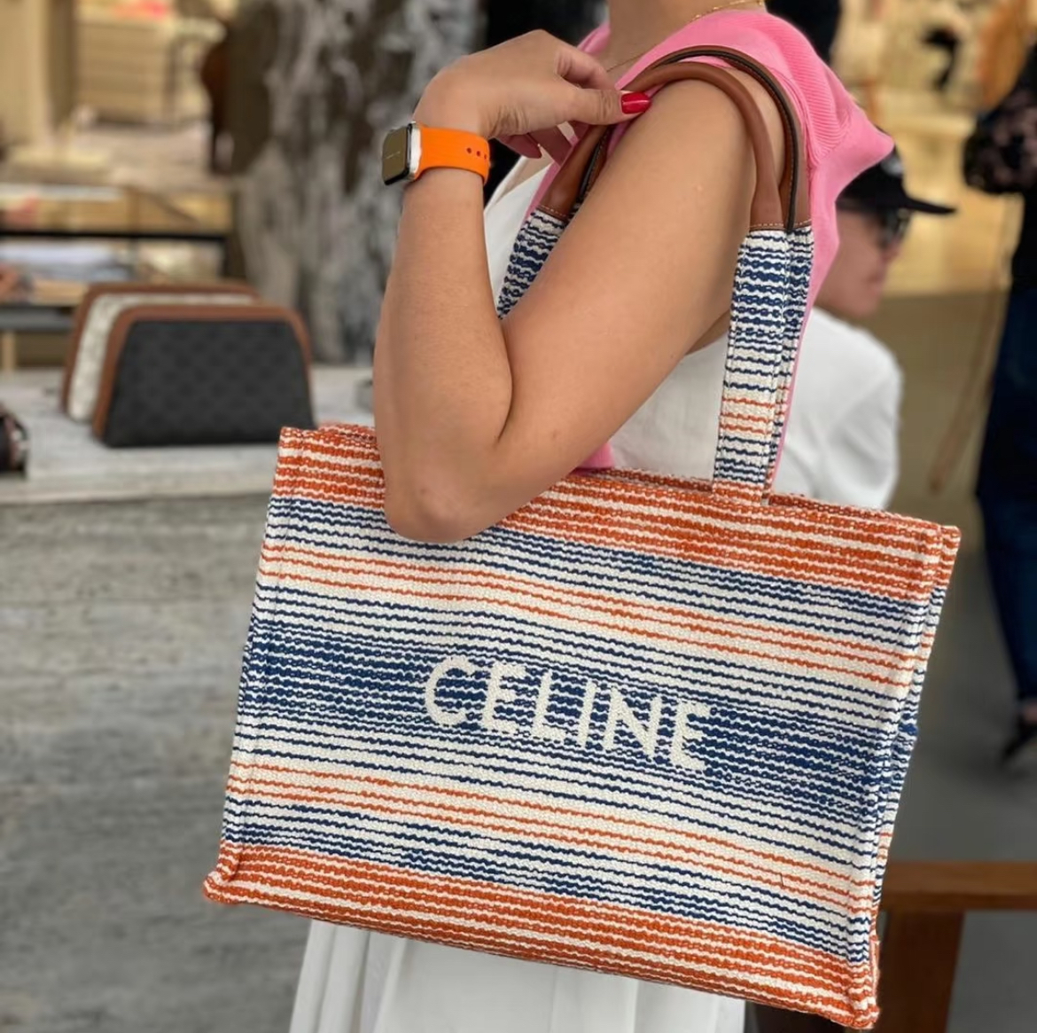 Celine bag Large Cabas Thais Striped Textile Tote Bag in Multi Color