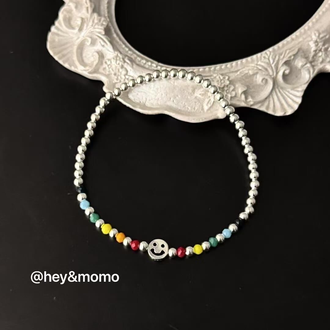 HM4310 925銀彩珠銀球笑臉彈力繩手鍊