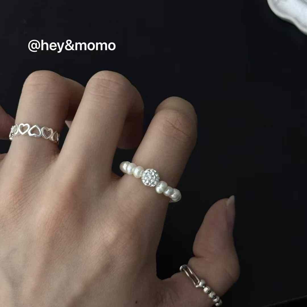 HM4318 925銀超閃施華洛鑽球淡水珍珠彈力繩戒指