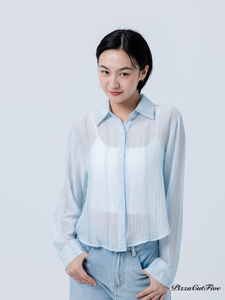 [兩件1580]萊賽爾條紋遮陽輕透短版長袖襯衫 PizzaCutFive PCF251401015