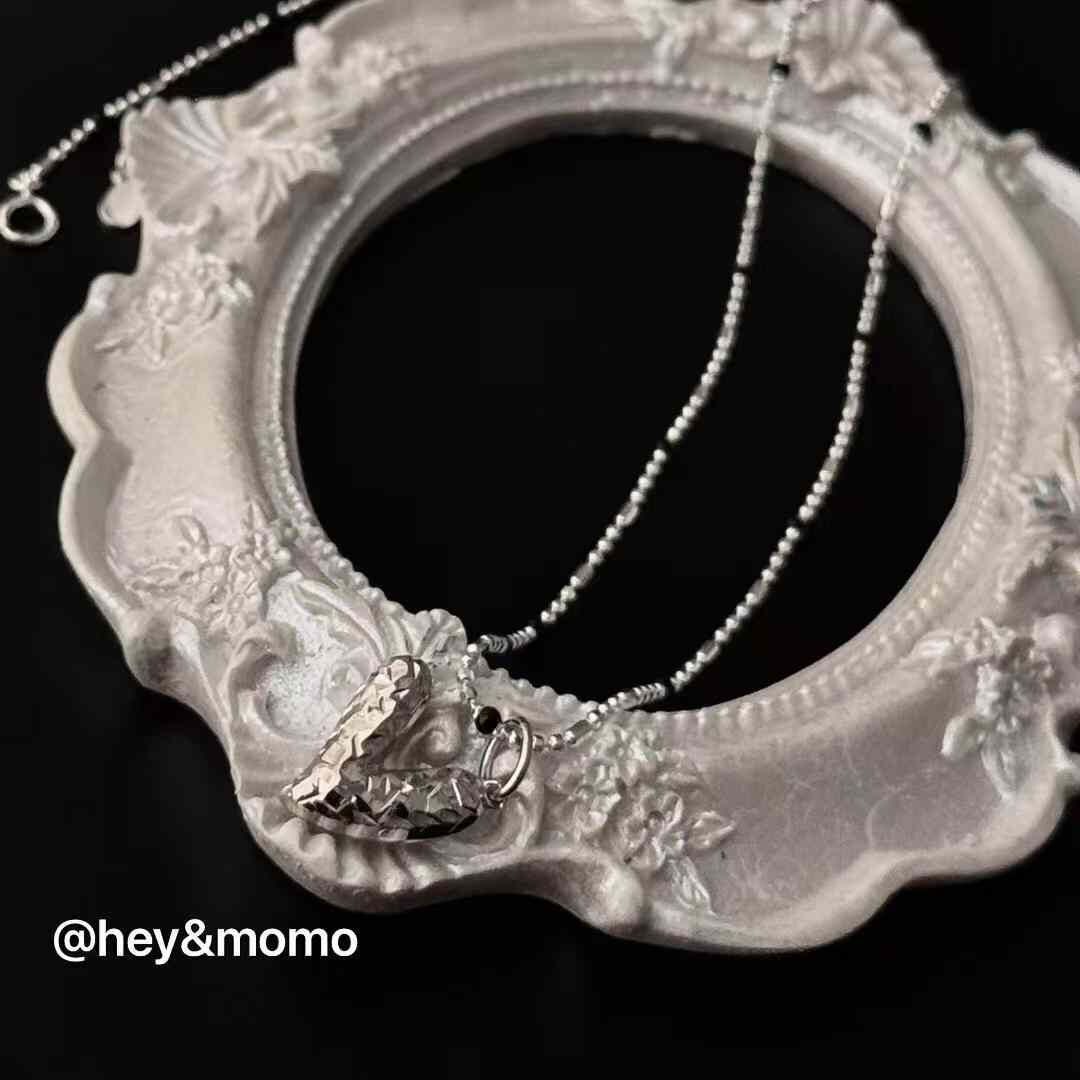 HM4327 925銀黑釉銀豆鏈➕俏皮雙面愛心吊墜項鍊