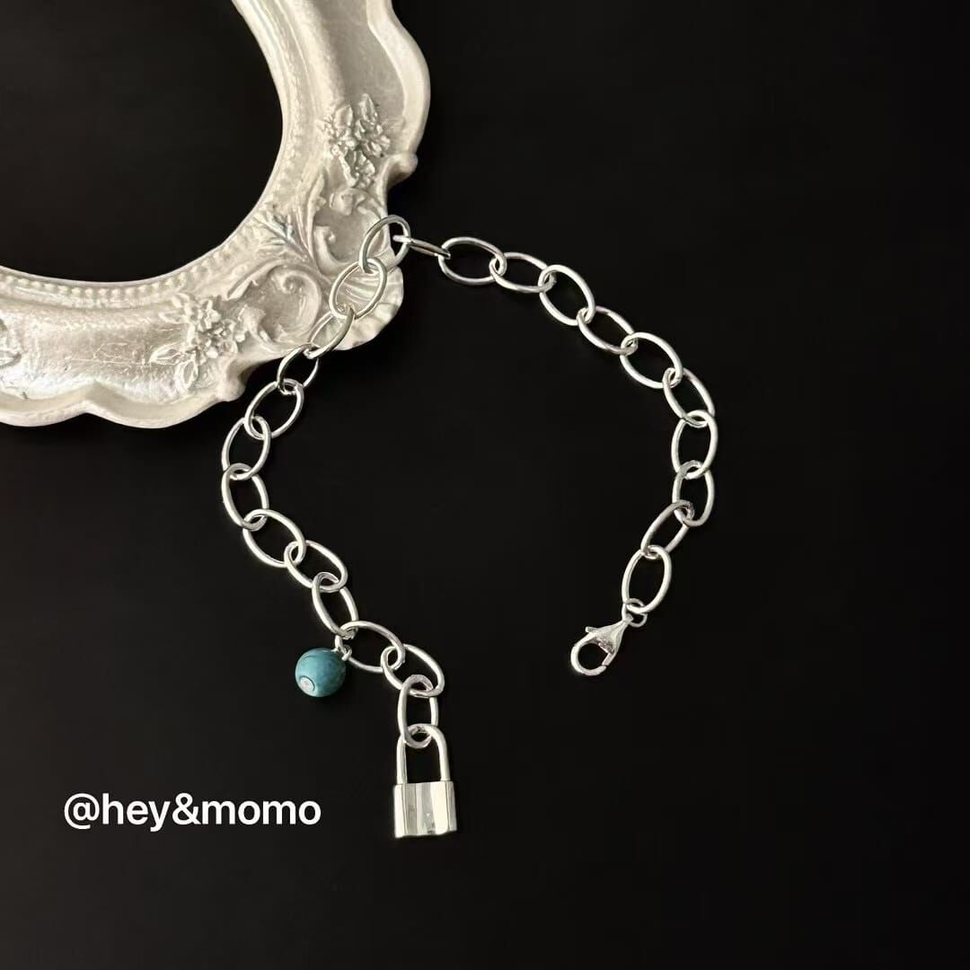 HM4330 925銀綠松石➕鎖頭吊墜手鍊