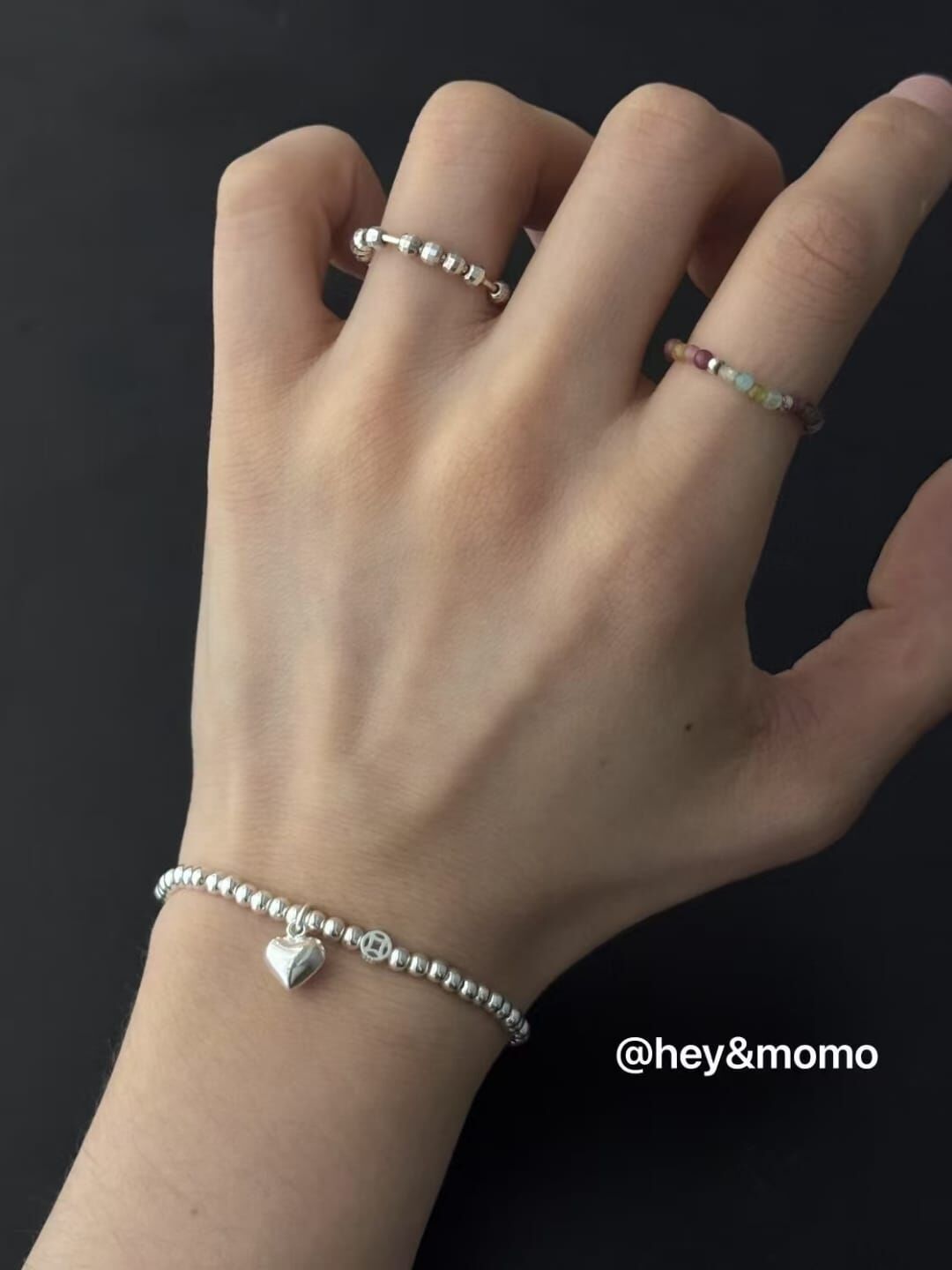 HM4333 925銀錢幣➕愛心吊墜銀球彈力繩手鍊