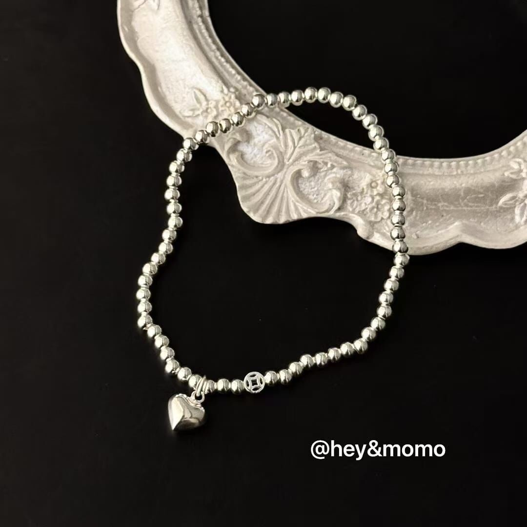 HM4333 925銀錢幣➕愛心吊墜銀球彈力繩手鍊