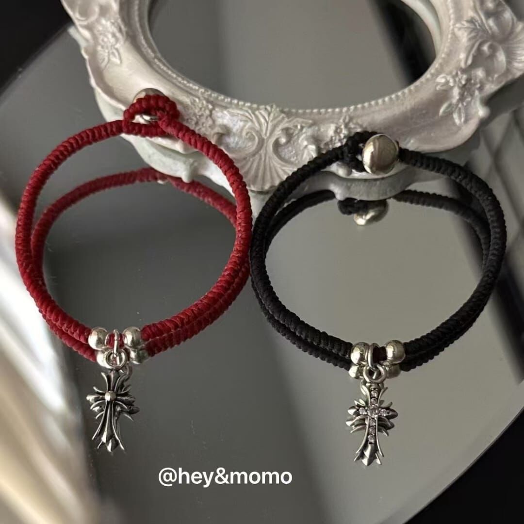HM4369 925銀雙面十字架吊墜 蜜蠟繩手鍊(黑紅兩色)