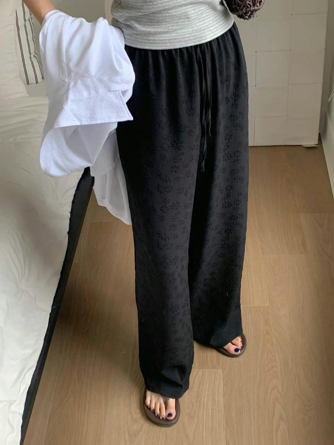 暗紋花花闊腳褲(黑色)