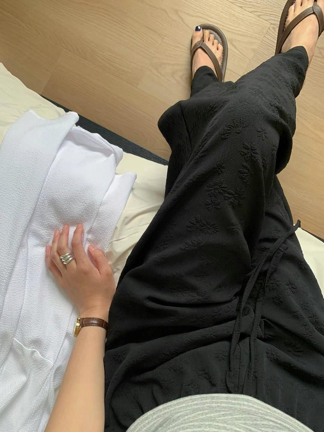 暗紋花花闊腳褲(黑色)